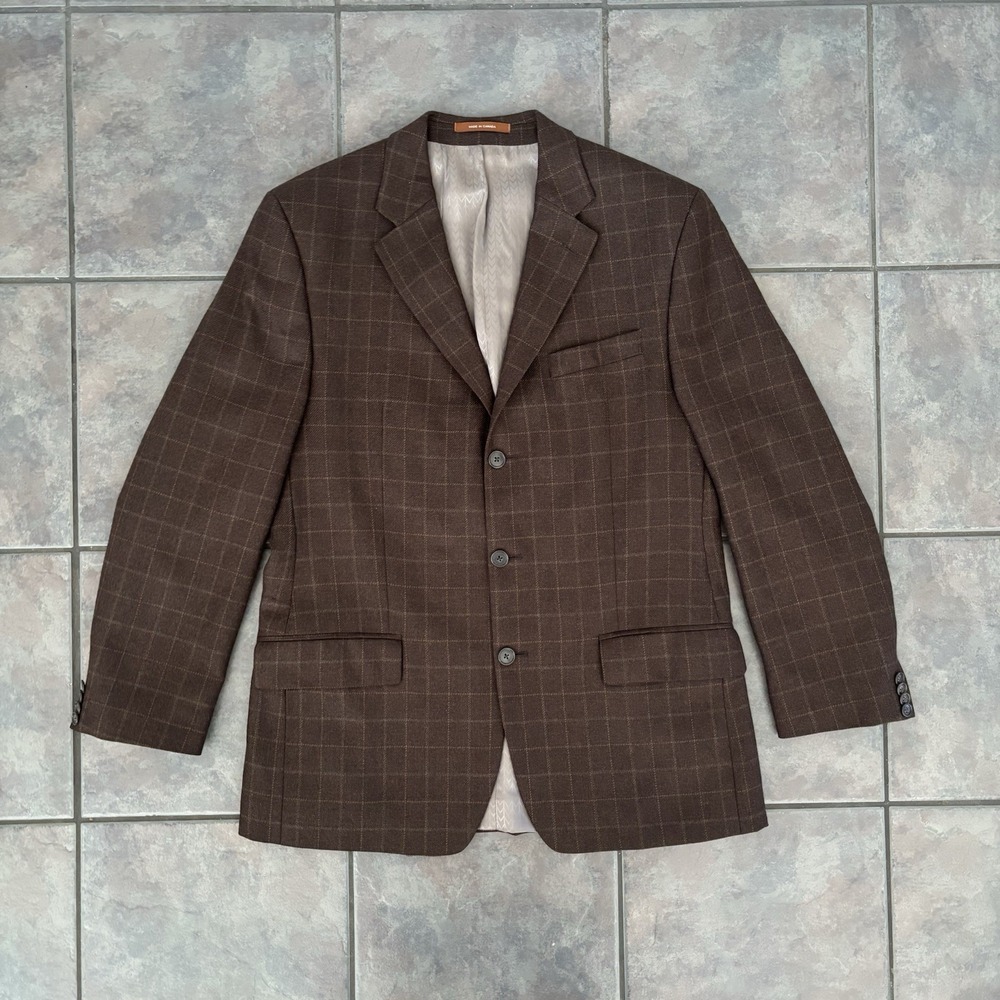 Vtg 100 Lambs Wool Brown Plaid Men's 3 Button Sports Coat Size 40L Lord Taylor